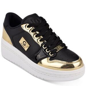 G by Guess Metallic Shoes, Black & Gold Sneakers, White Platform Heel, Sz 9.5